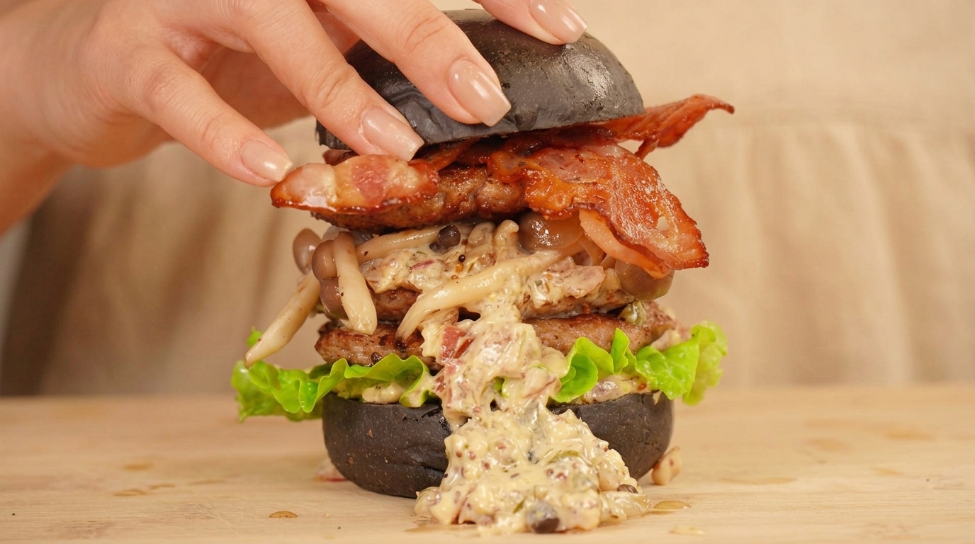 Czarny Burger Black Gold z podwójną wołowiną i sosem musztardowym