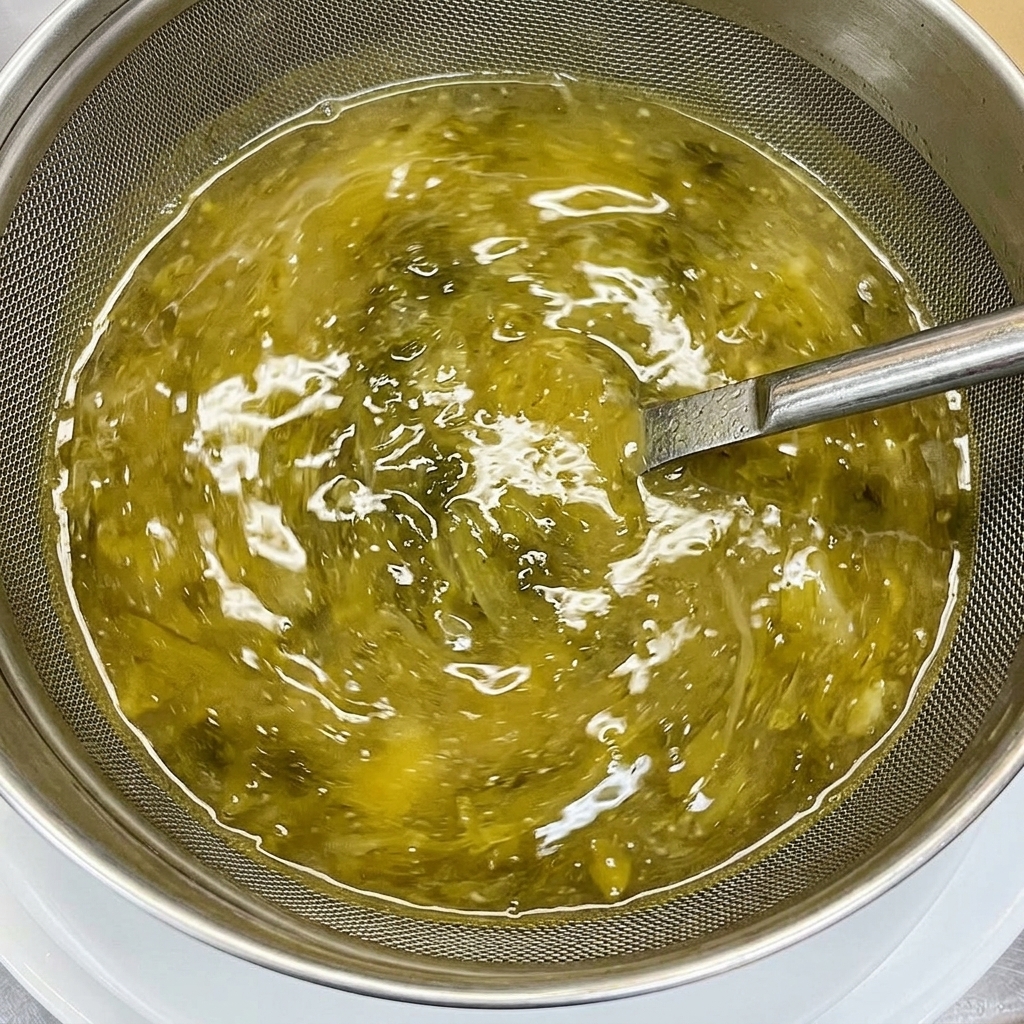 Trzepaczka mieszająca gęsty, żółtawy bulion ramen w metalowej misce z dodatkiem ziół i przypraw.