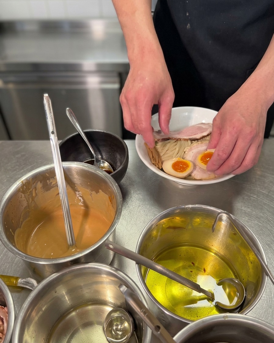 Zbliżenie na dłonie układające dwie połówki jajka na miękko do ramenu z płynnym pomarańczowym żółtkiem w białej misce wypełnionej makaronem i plastrami wieprzowiny.