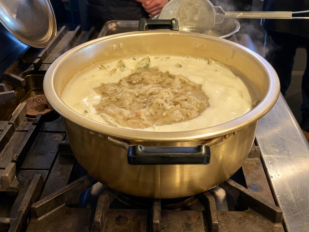 Kawałki suszonej ryby i aromatyczne składniki bulgoczące w gęstym, złocistobiałym wywarze w dużym garnku.