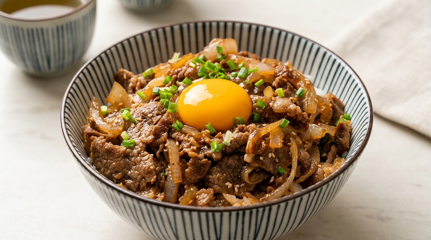 Klasyczne japońskie gyudon (Miska ryżu z wołowiną)