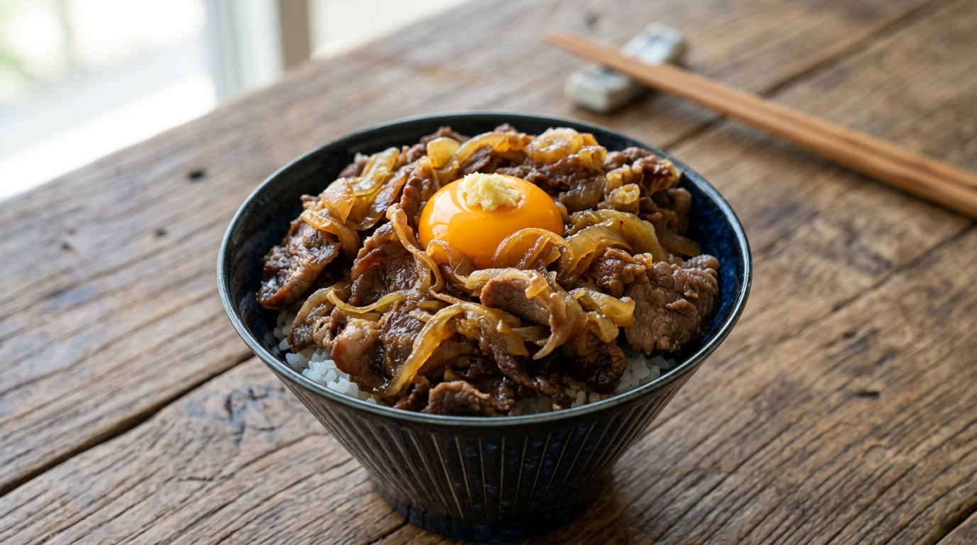 Klasyczny japoński gyudon (miska z wołowiną)