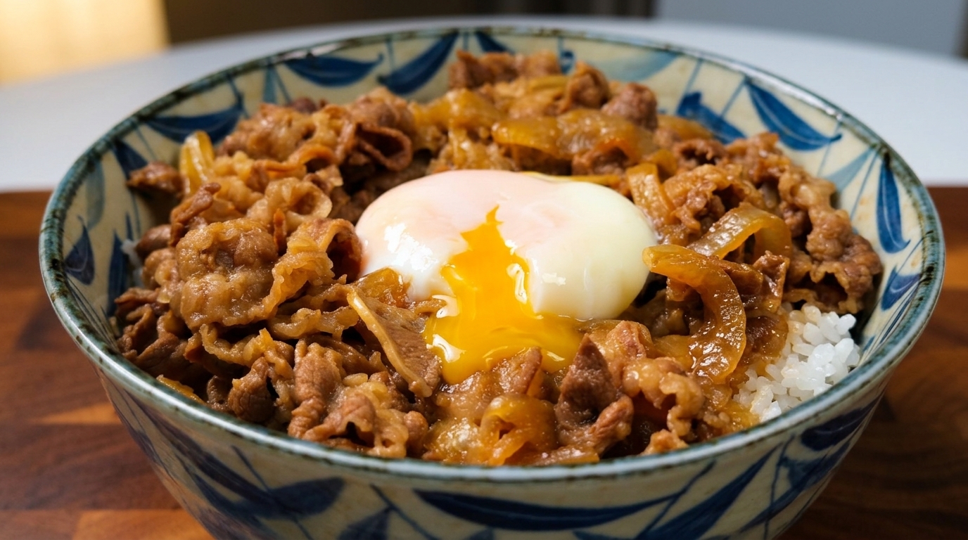 Japońskie Gyudon (Miska z Wołowiną) z Aksamitnym Jajkiem Onsen