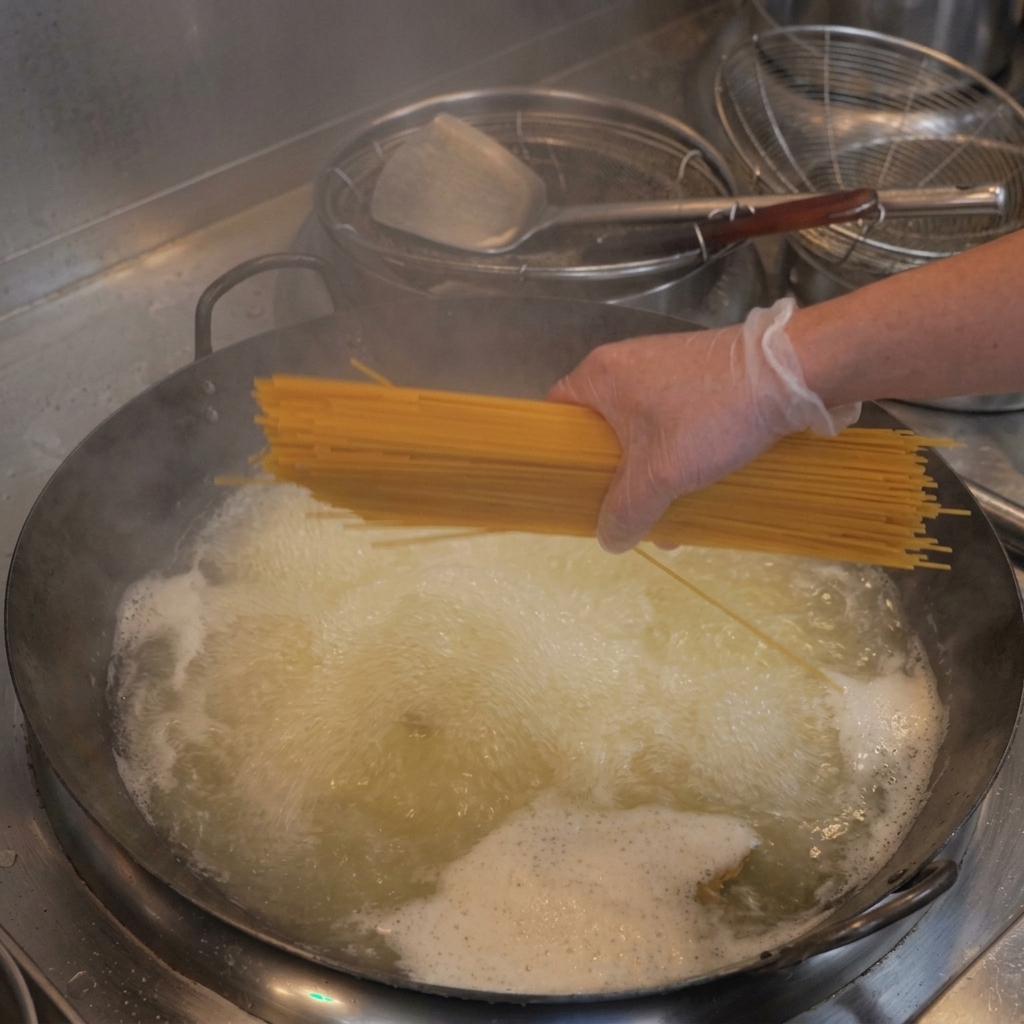 Ręka rozkładająca wachlarz suchego spaghetti w garnku z wrzącą wodą.