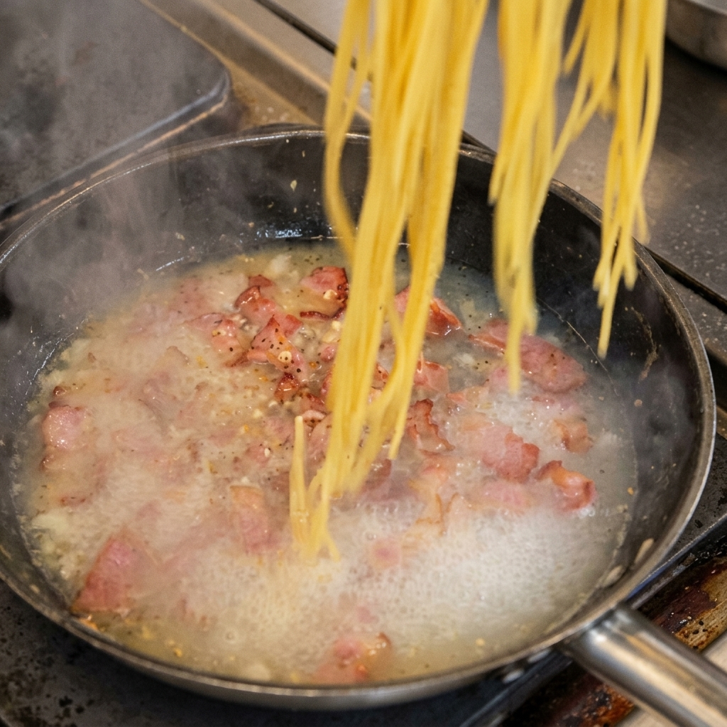Nitki ugotowanego spaghetti przekładane na patelnię ze skwierczącym boczkiem i cebulą.
