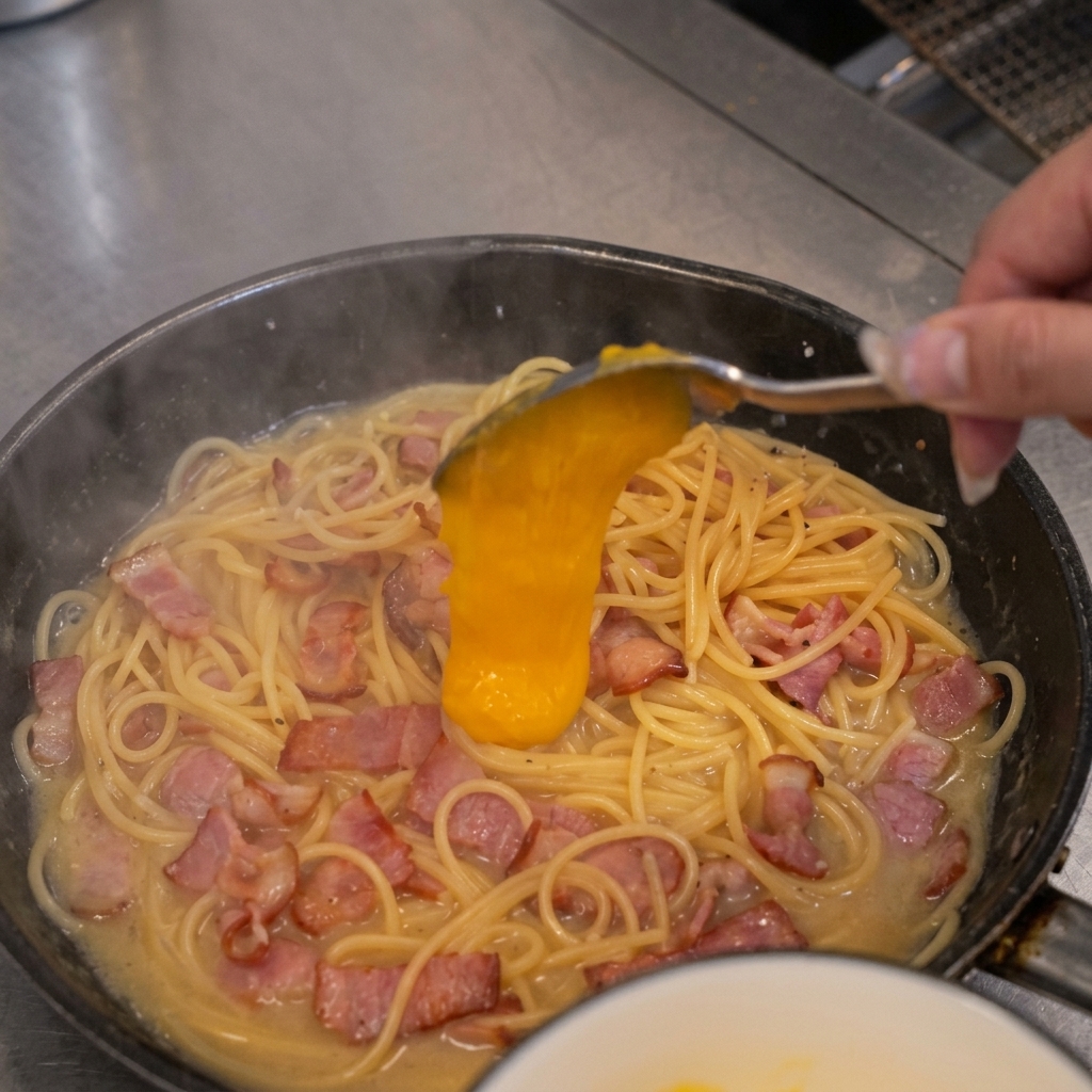 Polewanie spaghetti na patelni gęstym sosem z żółtek i sera.