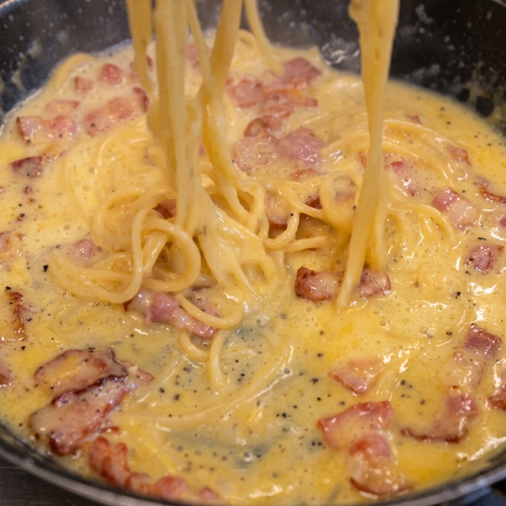 Spaghetti mieszane na patelni z kremowym sosem jajecznym i kawałkami boczku.