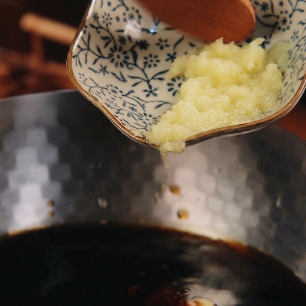 Świeżo starta pasta z imbiru dodawana do ciemnego, wytrawnego sosu z małej ceramicznej miseczki w kwiatowe wzory.