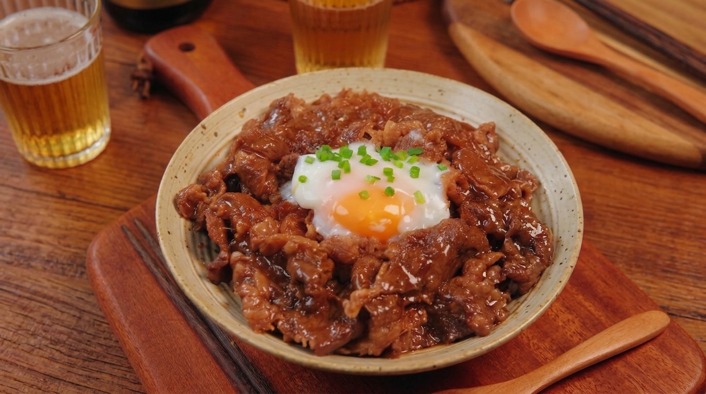 Klasyczna miska Gyudon w stylu Yoshinoya z soczystą wołowiną, zeszkloną cebulą i idealnie płynnym jajkiem onsen.