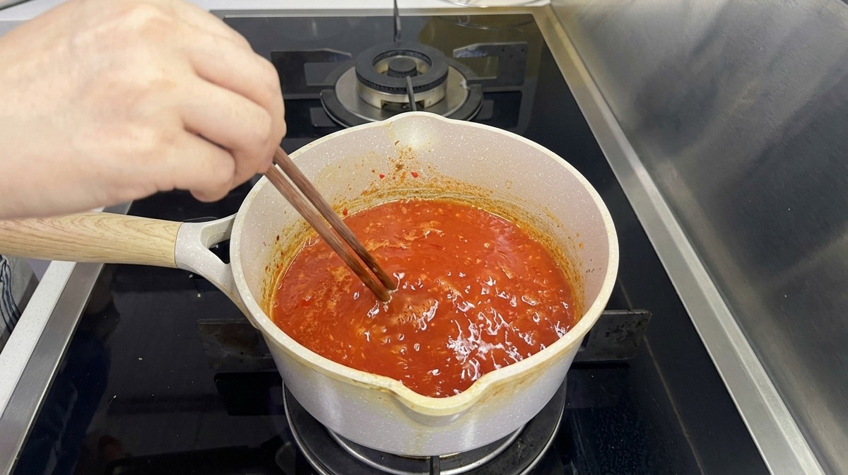 Mały garnek z jasnoczerwonym sosem z chili i czosnku gotujący się na kuchence, mieszany drewnianymi pałeczkami.