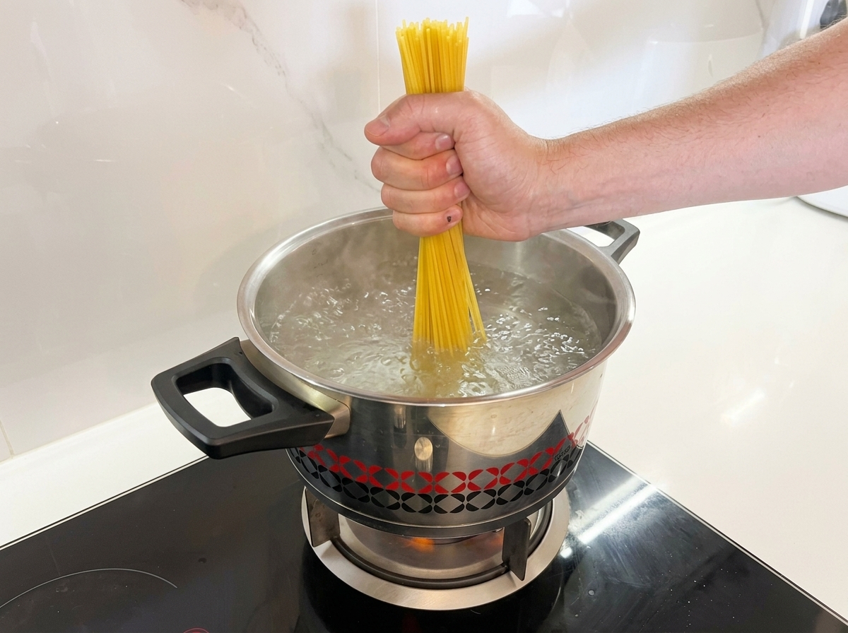 Ręka trzymająca wiązkę suchego makaronu spaghetti, wkładająca go pionowo do garnka z wrzącą wodą.