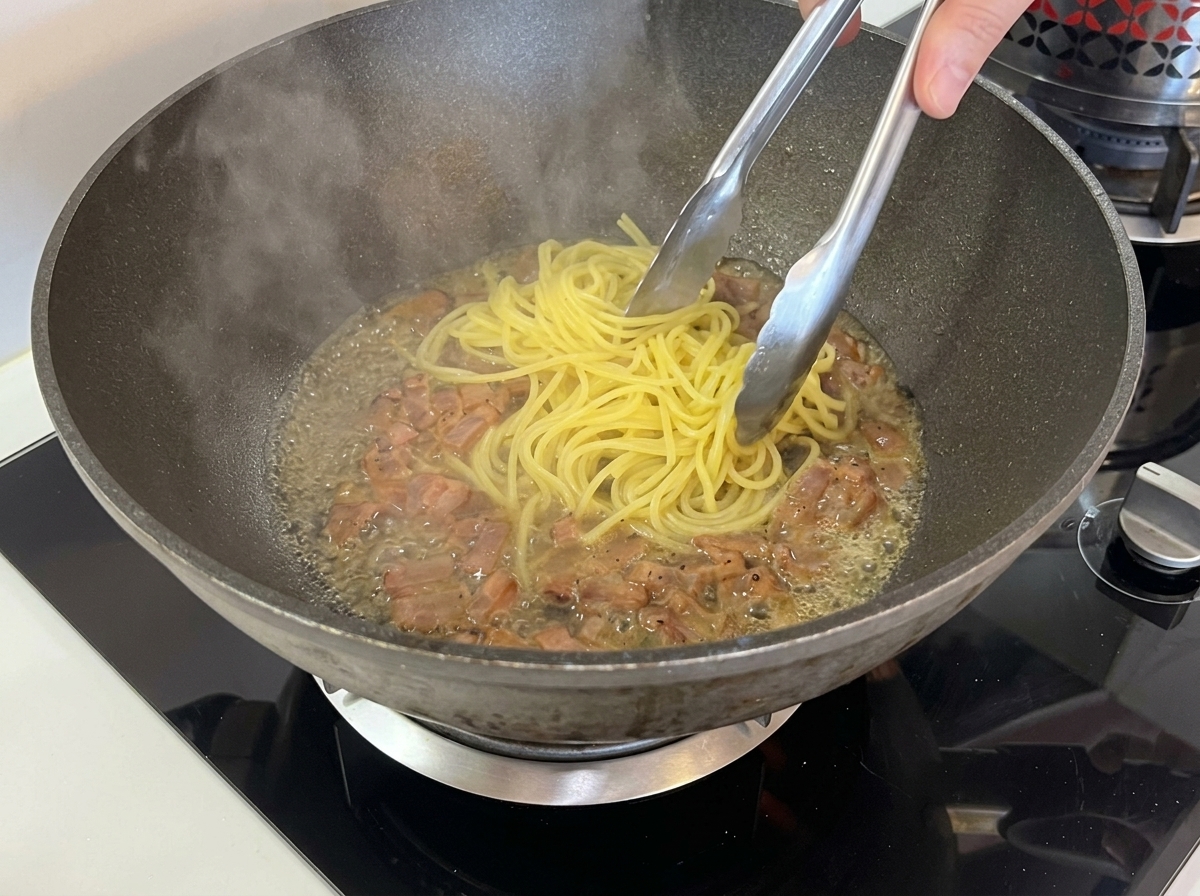 Metalowe szczypce przekładające nitki ugotowanego spaghetti do woka z guanciale i niewielką ilością płynu.