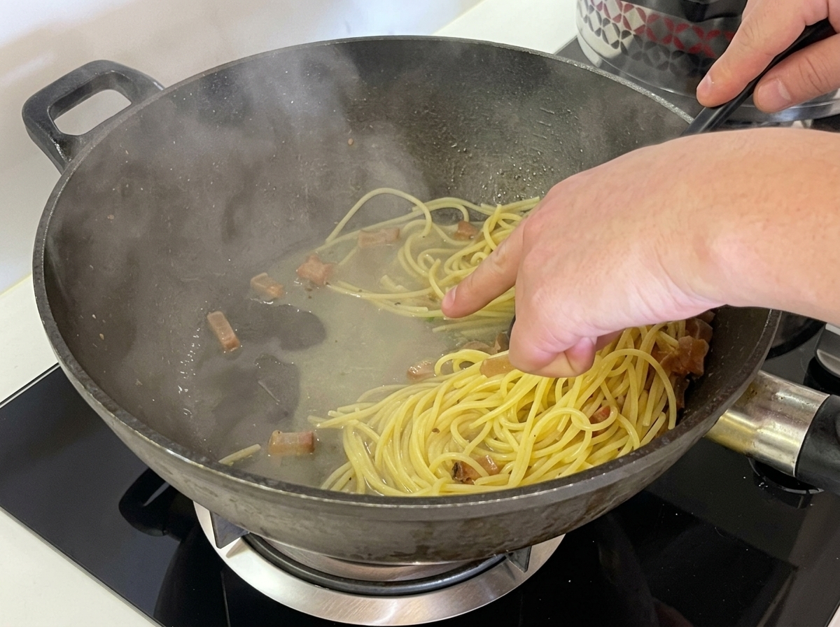 Ręka wskazująca na niewielką ilość wody z makaronu na dnie woka wypełnionego spaghetti i guanciale.