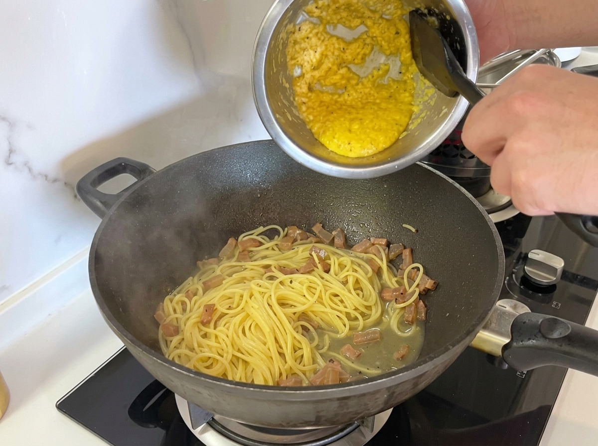 Wlewanie gęstej, żółtej masy jajeczno-serowej z metalowej miski na spaghetti z guanciale w ciemnym woku.