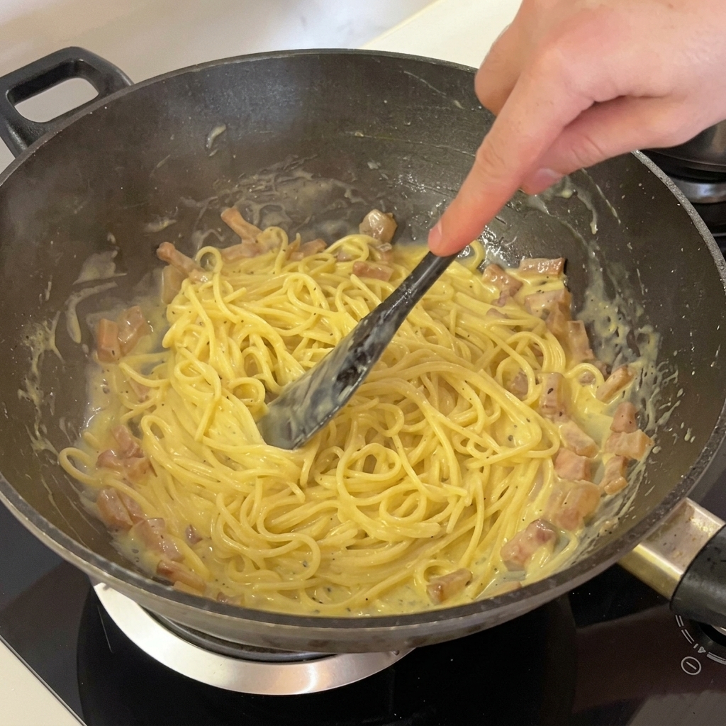 Spaghetti obficie pokryte bogatym, lśniącym, jasnożółtym sosem jajecznym z kawałkami chrupiącego guanciale.