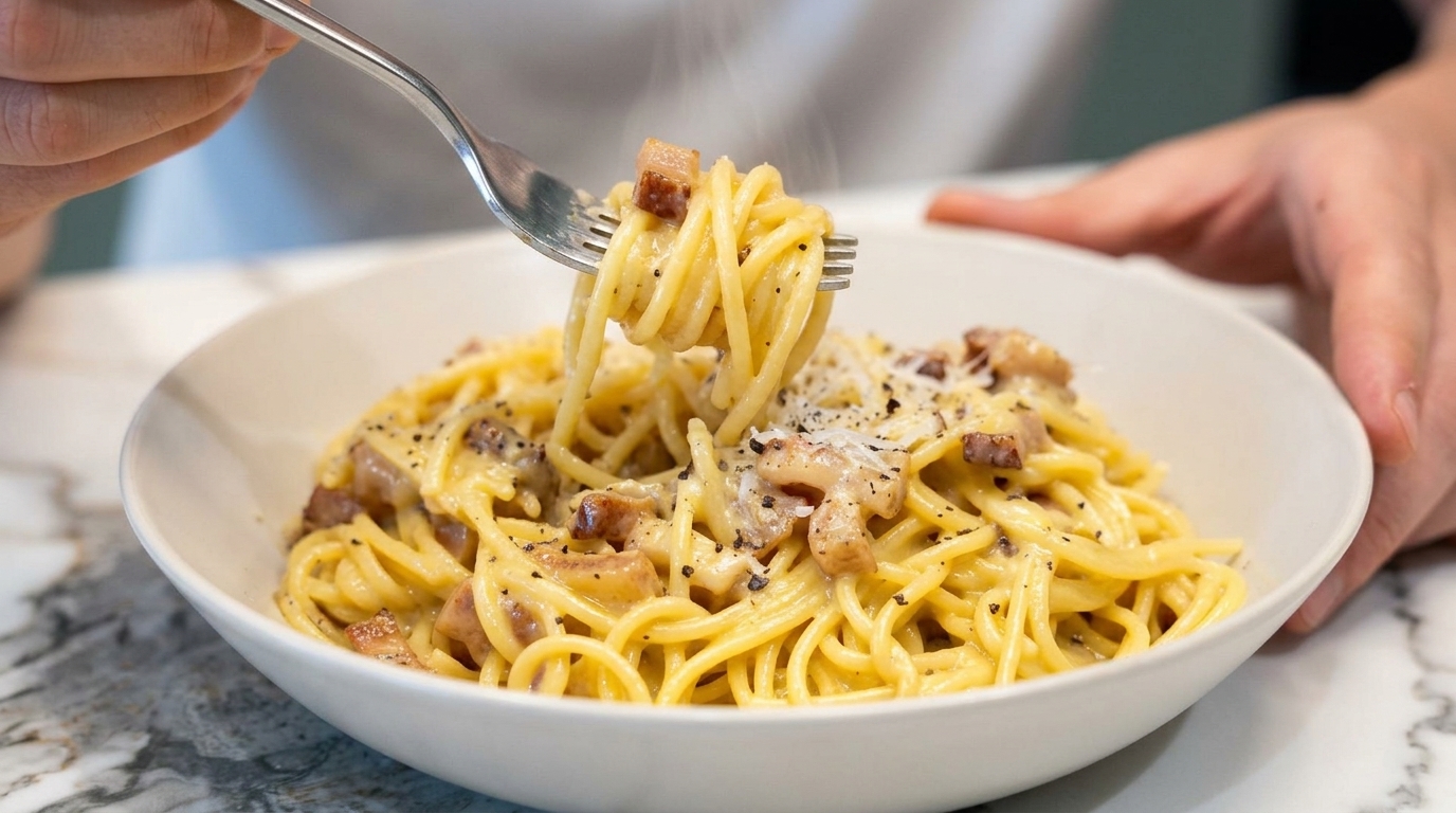 Klasyczna rzymska carbonara z aksamitnym sosem jajecznym, chrupiącym guanciale i świeżo mielonym czarnym pieprzem.
