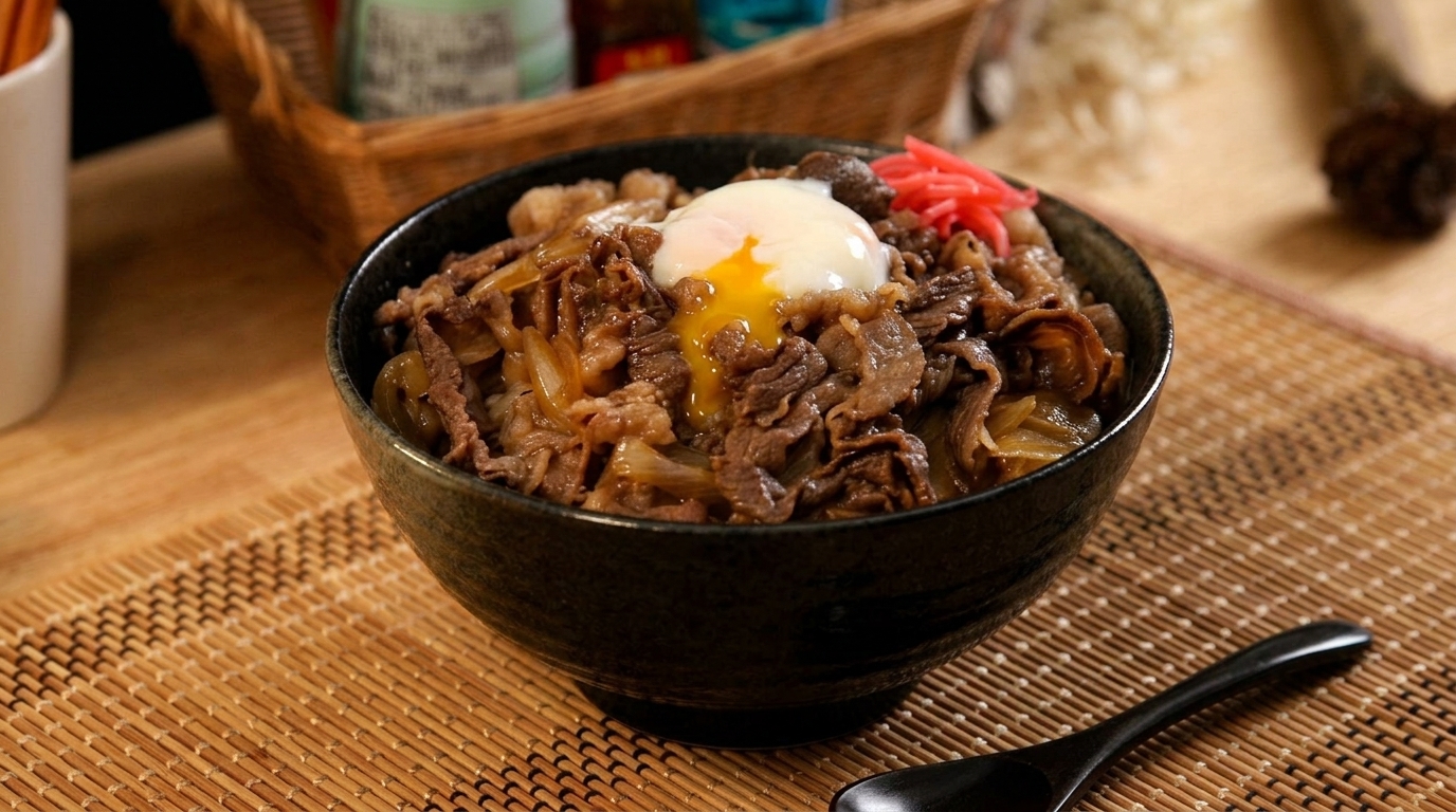 Gyudon w stylu Sukiya (japońska miska z wołowiną) z jajkiem onsen