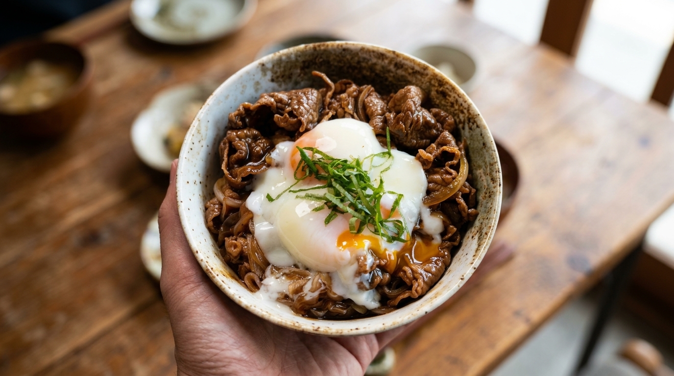 Oryginalny japoński klasyk – Gyudon (Miska ryżu z wołowiną i jajkiem onsen)