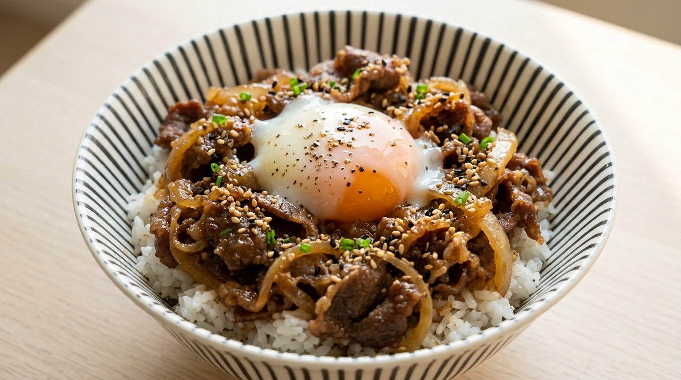 Szybki japoński gyudon (misa z wołowiną) z idealnym jajkiem onsen
