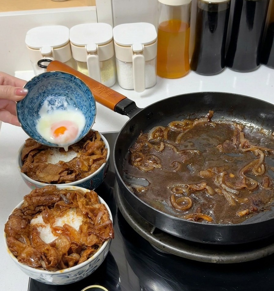 Osoba wylewająca delikatnie ugotowane jajko onsen z niebieskiej ceramicznej miseczki na ryż z wołowiną.