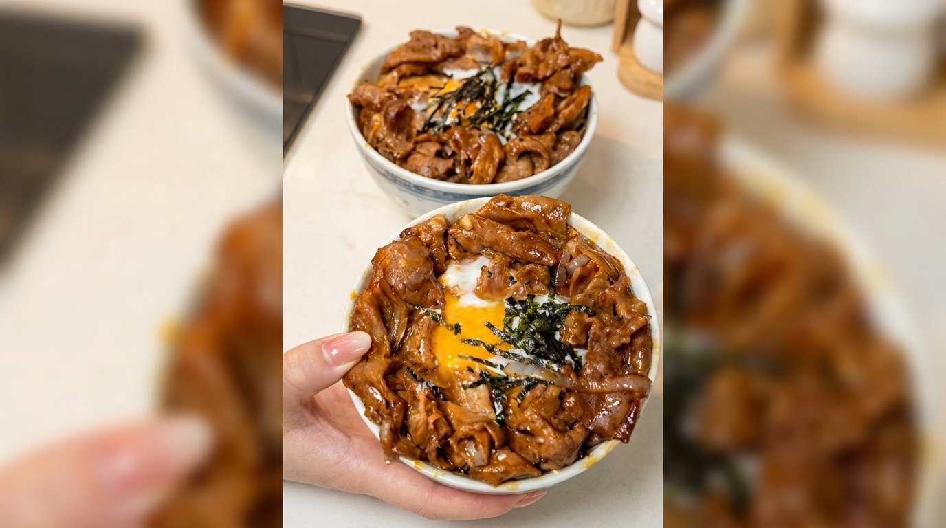 Klasyczny japoński Gyudon: miska ryżu z wołowiną i jajkiem onsen