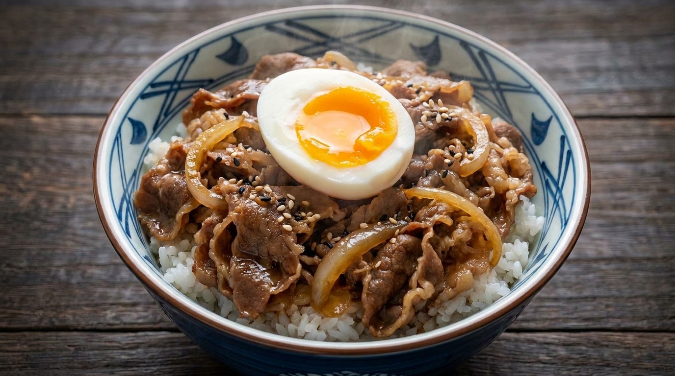 Japońska miska wołowa (Gyudon) z jajkiem Onsen