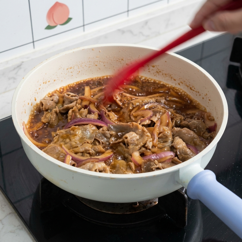 Cienkie plastry wołowiny i krążki czerwonej cebuli mieszane czerwoną łopatką na białej patelni pełnej bulgoczącego, brązowego sosu teriyaki.