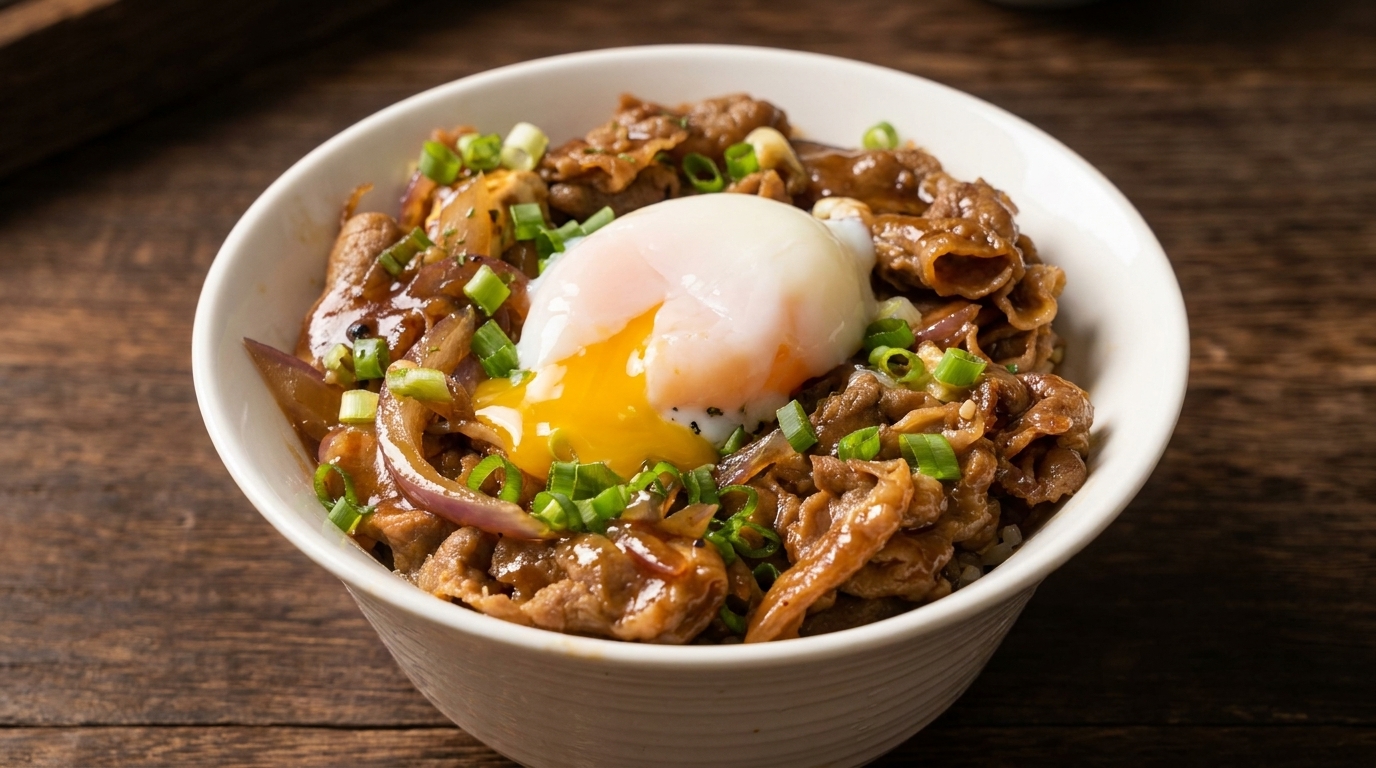 Szybkie donburi z wołowiną teriyaki i idealnym jajkiem onsen