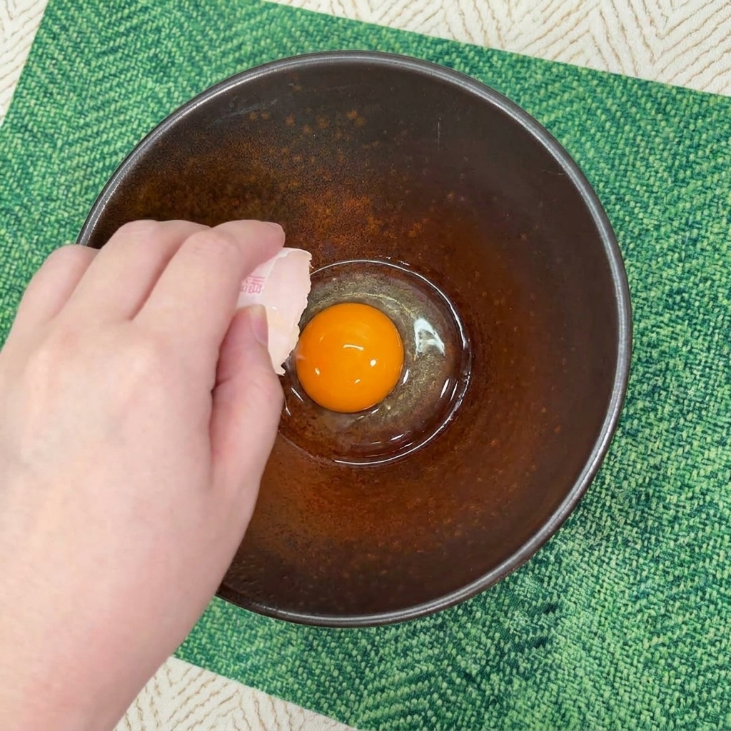 Dłoń przekładająca pomarańczowe żółtko między skorupkami nad ciemną ceramiczną miską.