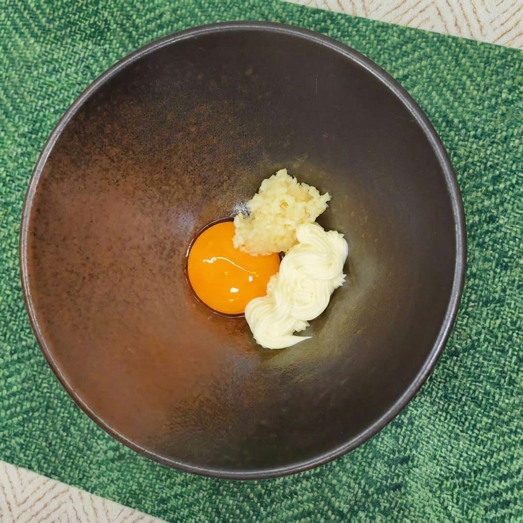 Ciemna ceramiczna miska z żółtkiem, majonezem i czosnkiem na zielonej podkładce.