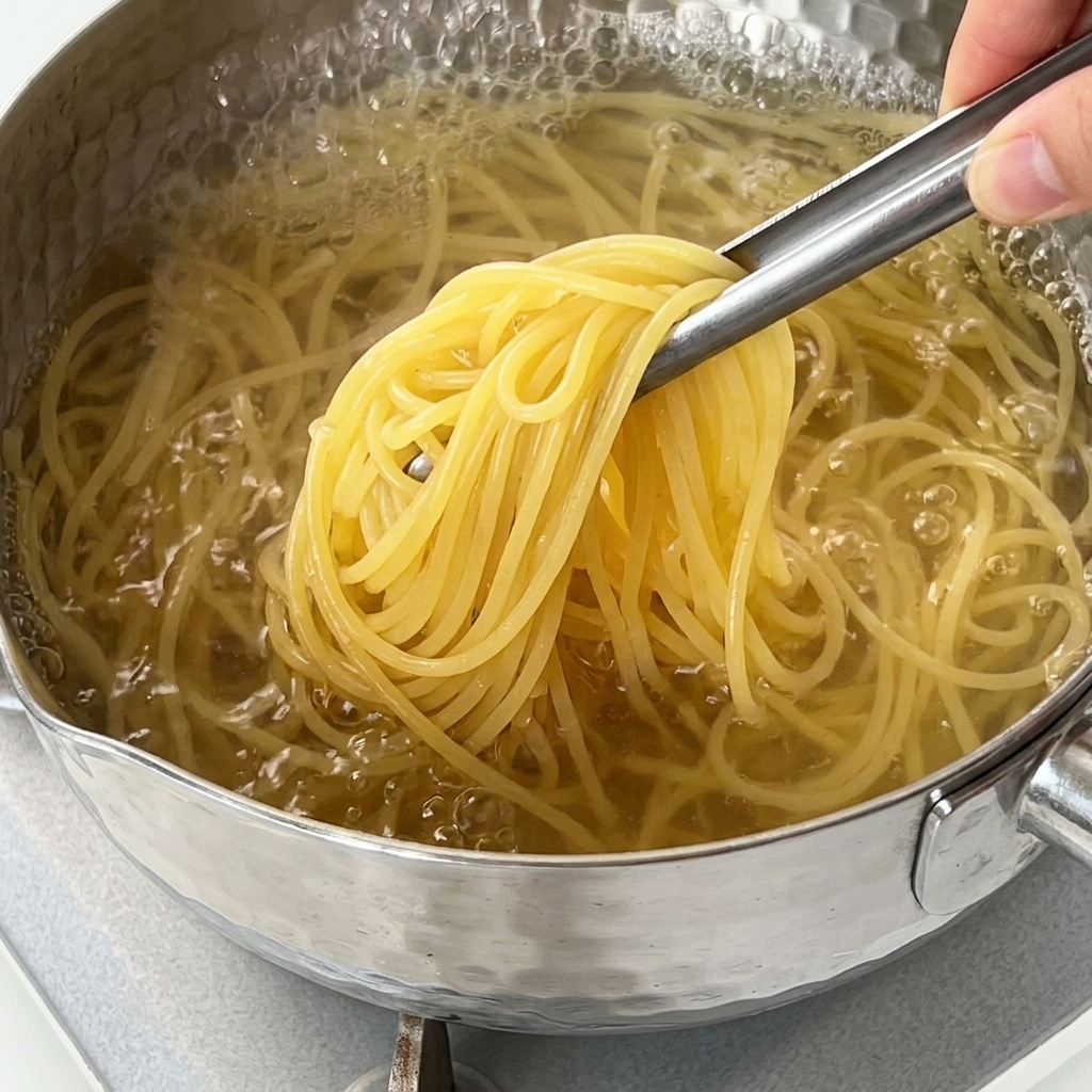 Mieszanie szczypcami makaronu spaghetti we wrzącej wodzie.