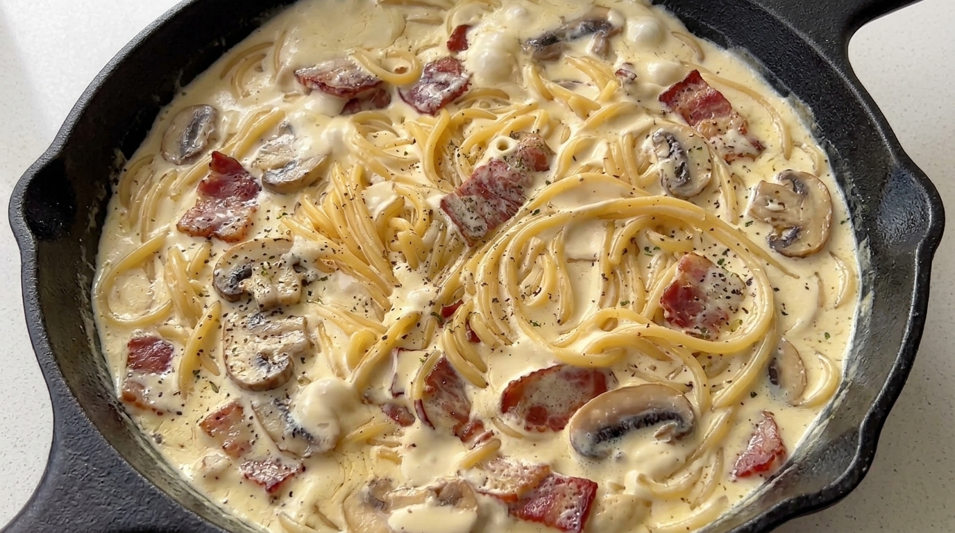 Kremowe spaghetti z boczkiem i pieczarkami