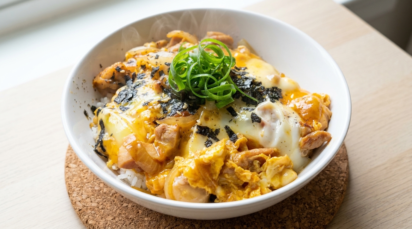 Klasyczny japoński Oyakodon (donburi z kurczakiem i jajkiem)