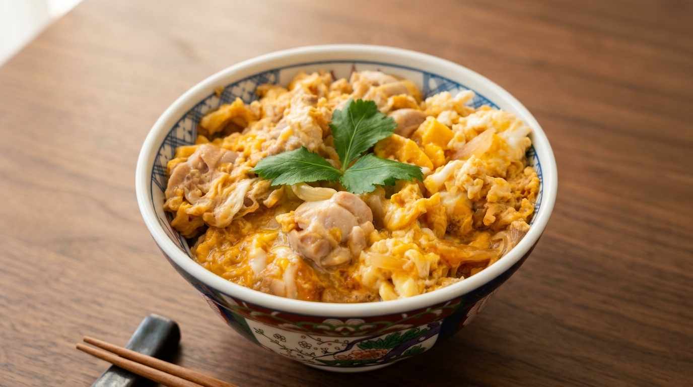 Klasyczne japońskie Oyakodon (miska ryżu z kurczakiem i jajkiem)