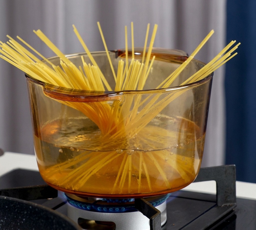 Surowy makaron spaghetti w szklanym garnku z gotującą się wodą na kuchence.