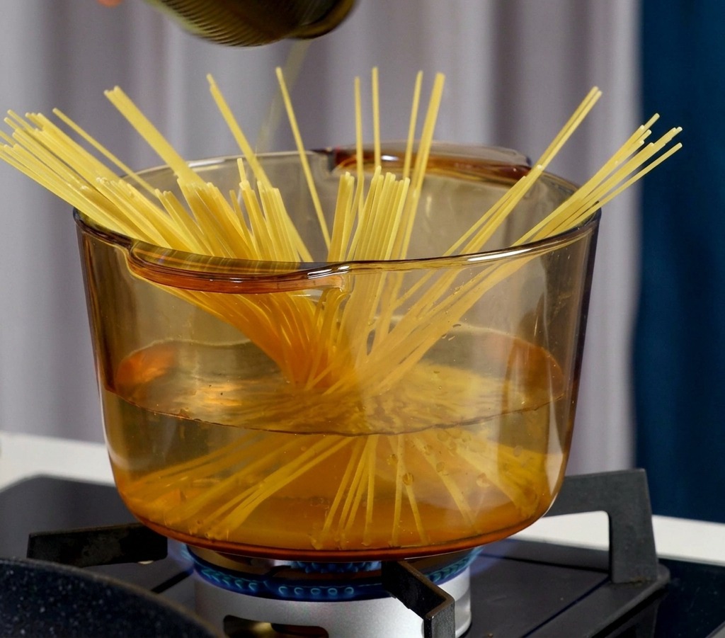 Wlewanie oliwy i wsypywanie soli do garnka z gotującym się makaronem spaghetti.