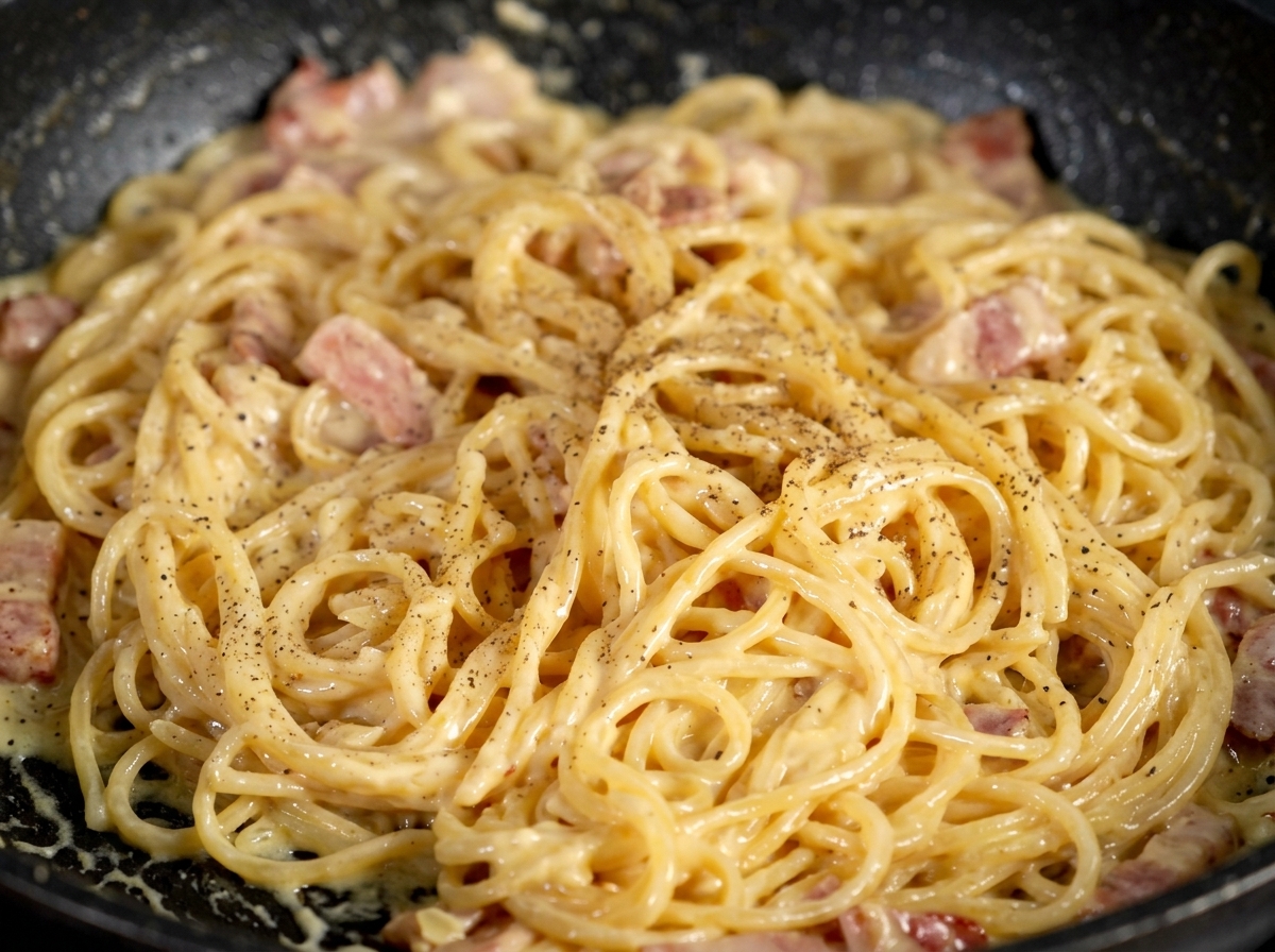 Zbliżenie na lśniące nitki spaghetti w sosie z kawałkami boczku, posypane świeżo mielonym pieprzem.