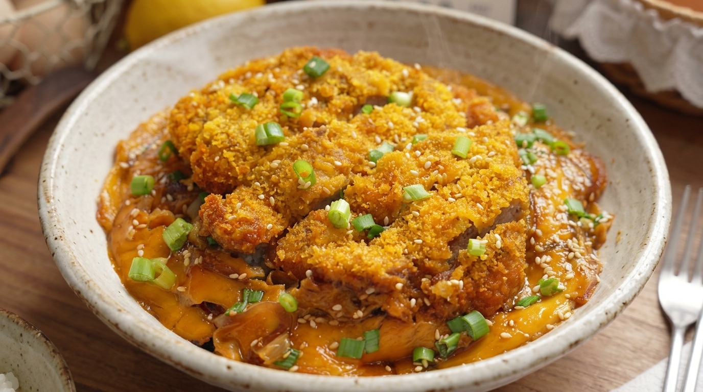 Chrupiący pieczony Katsudon (Japoński kotlet wieprzowy z jajkiem na ryżu)