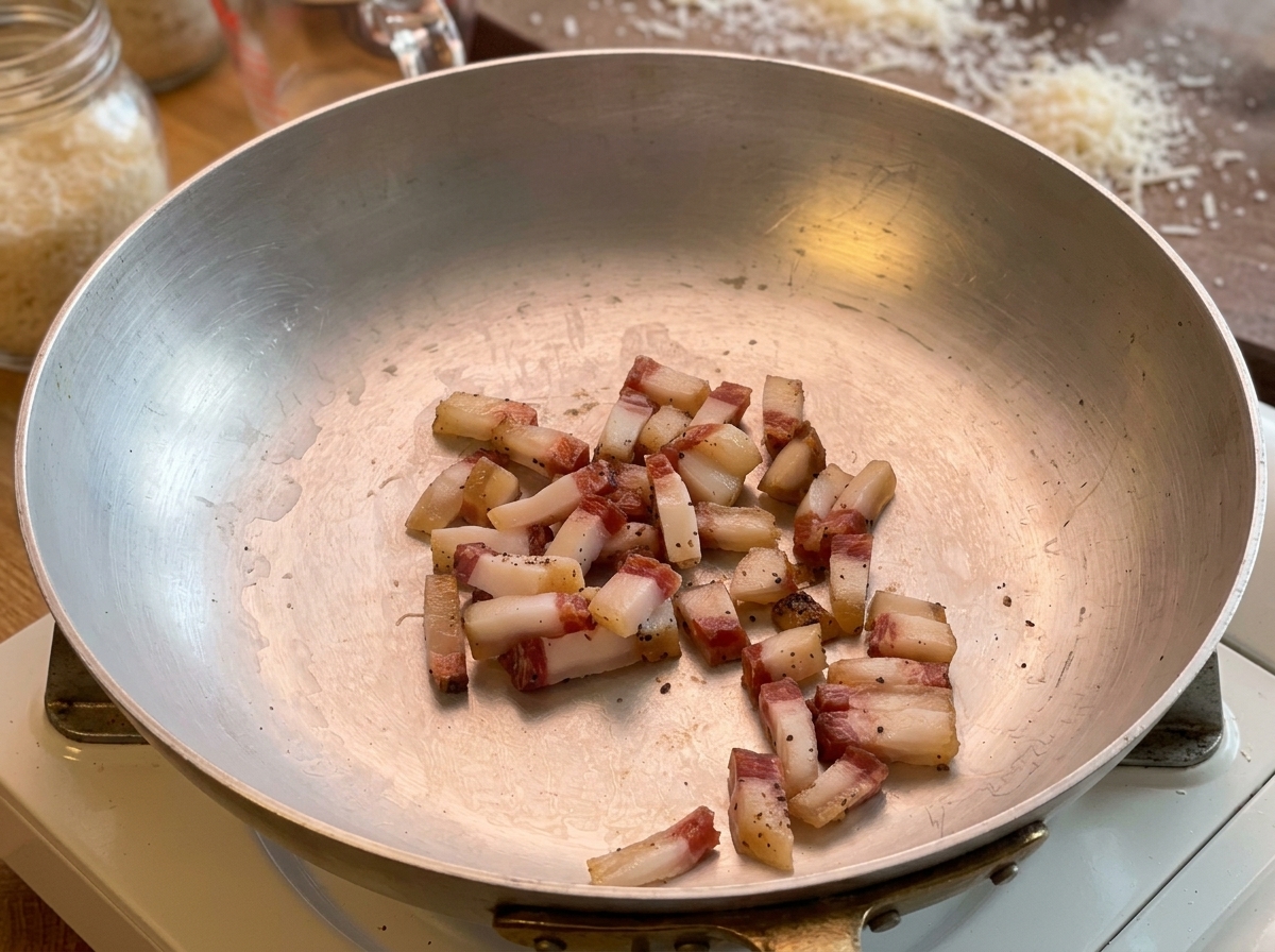 Pokrojone guanciale smażące się na srebrnej patelni, uwalniające tłuszcz.