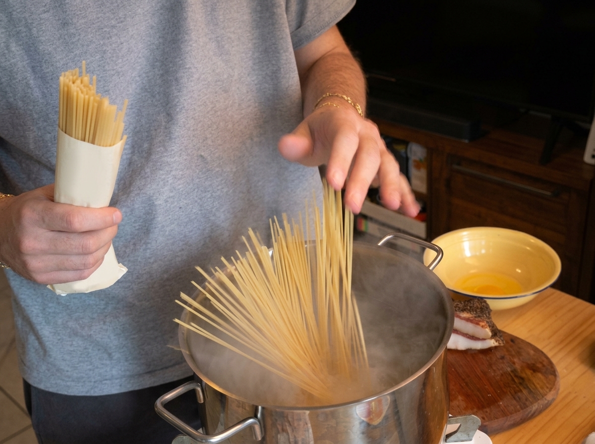 Dłonie wrzucające garść suchego spaghetti do garnka z parującą, wrzącą wodą.