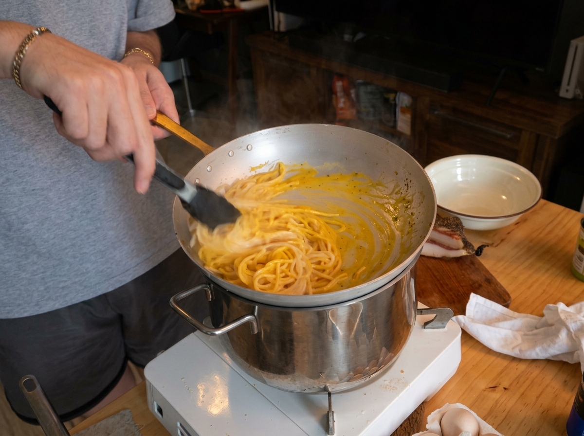 Energiczne mieszanie spaghetti w kremowym sosie na patelni nad garnkiem z wodą.