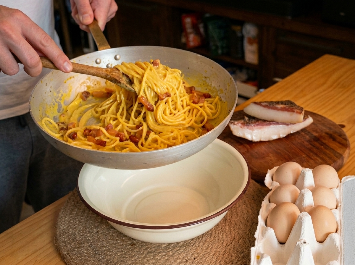 Nakładanie kremowego spaghetti i kawałków chrupiącego guanciale z patelni do białej miski.