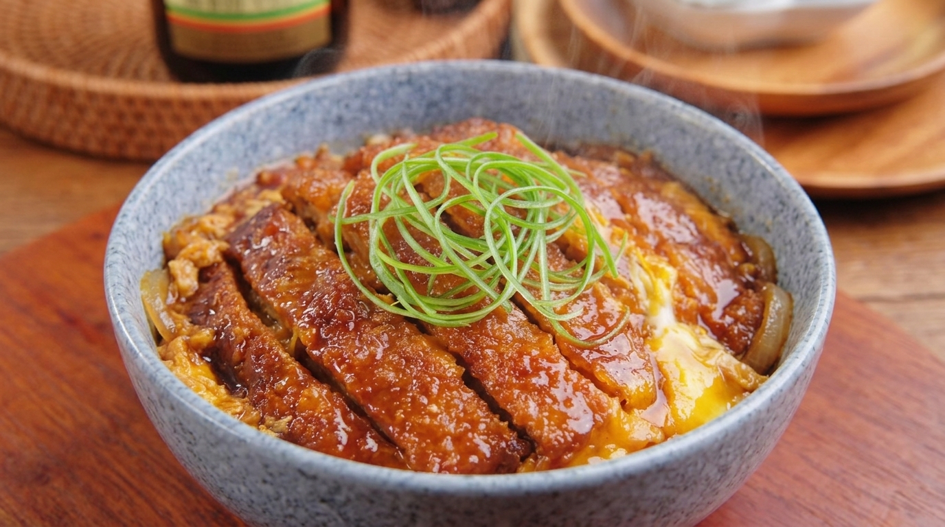 Tradycyjny japoński Katsudon (miska ryżu z kotletem wieprzowym)