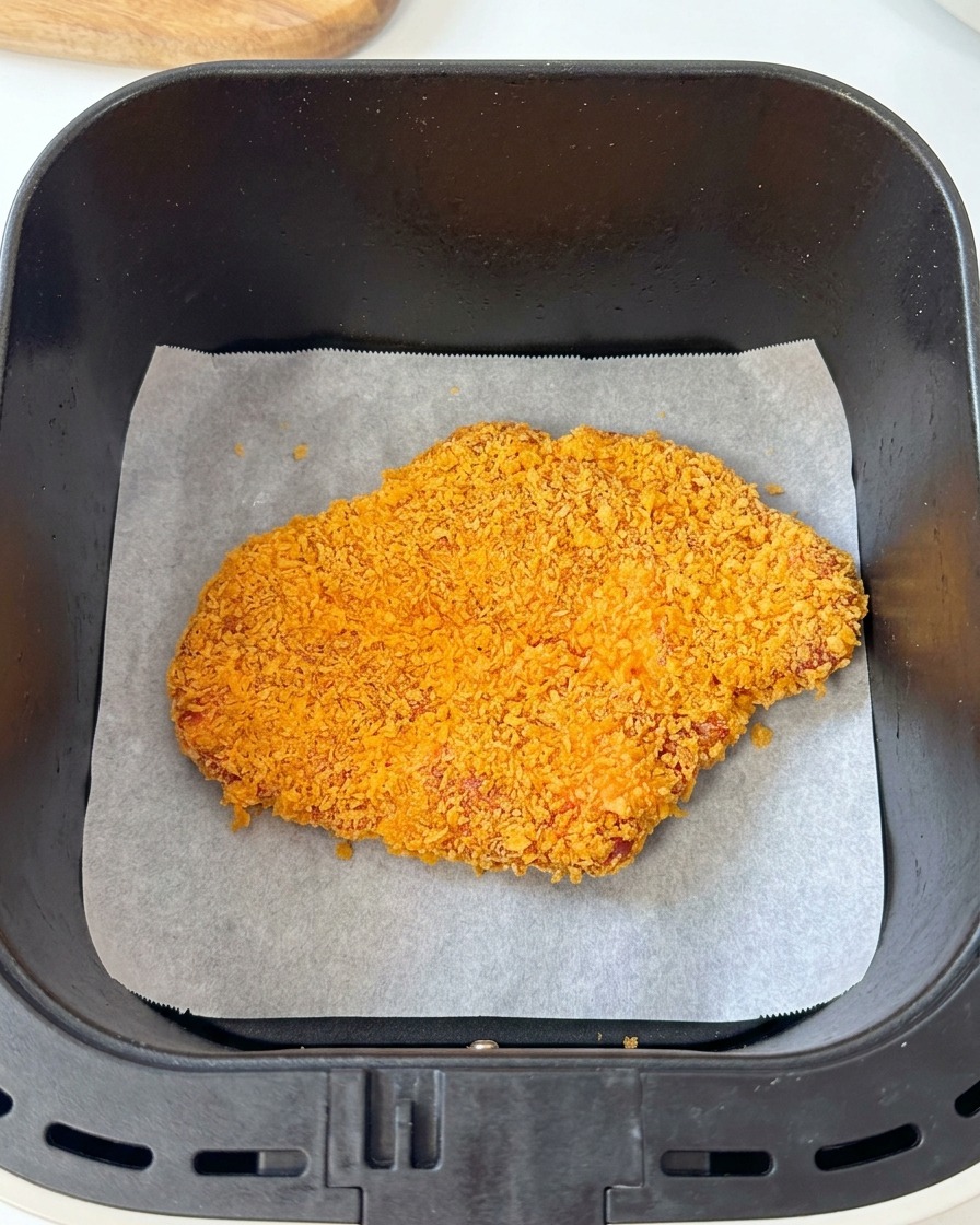 Zapanierowany kotlet wieprzowy leżący na papierze do pieczenia w koszu czarnej frytkownicy beztłuszczowej.
