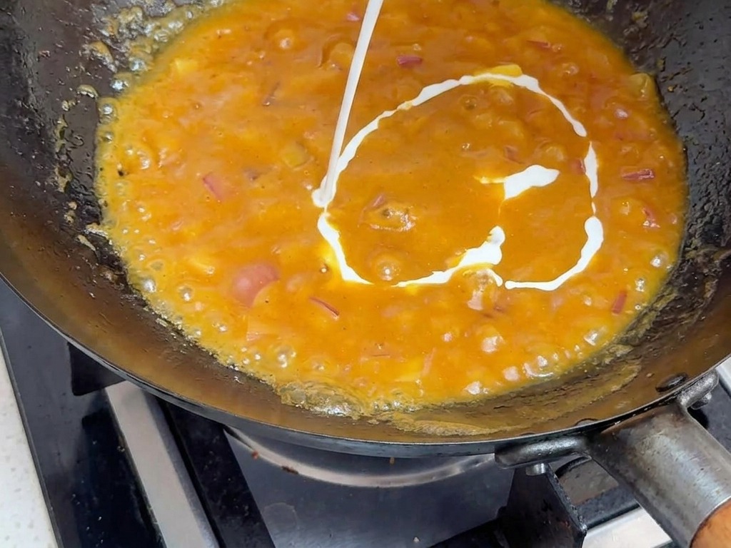 Białe mleczko kokosowe nalewane z kartonika do gęstego, bulgoczącego pomarańczowego sosu curry w woku.