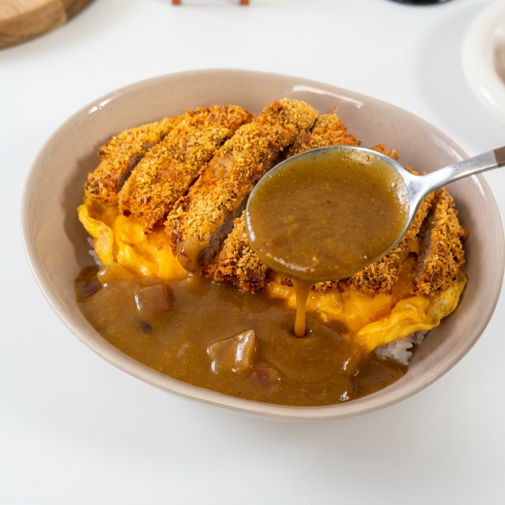 Srebrna łyżka wylewająca gęsty, ciemnobrązowy sos curry do miski z ryżem, omletem i opanierowanym kotletem.