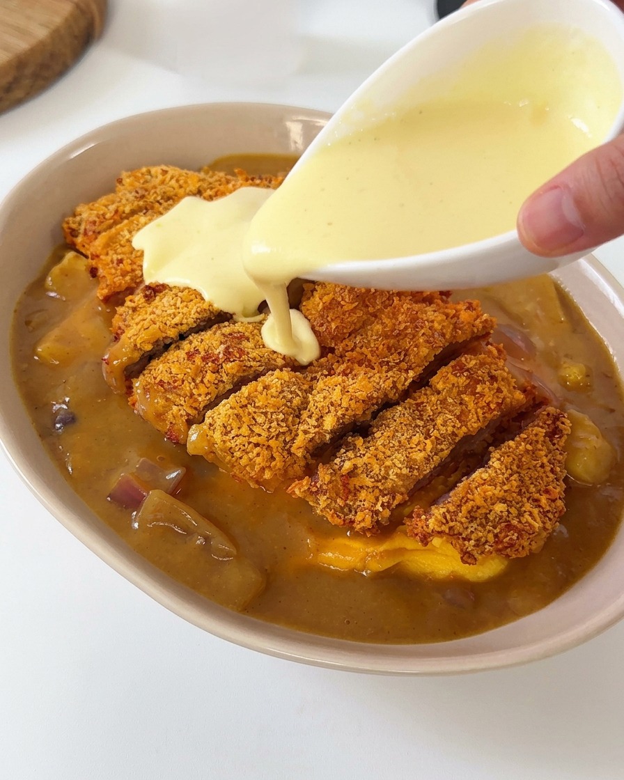 Kremowy, biały sos polany z małej białej miseczki na pokrojonego kotleta polanego curry.