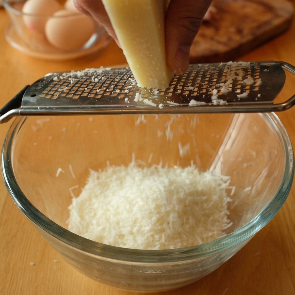 Dłoń ścierająca ser Pecorino Romano nad szklaną miską z żółtkami jaj.