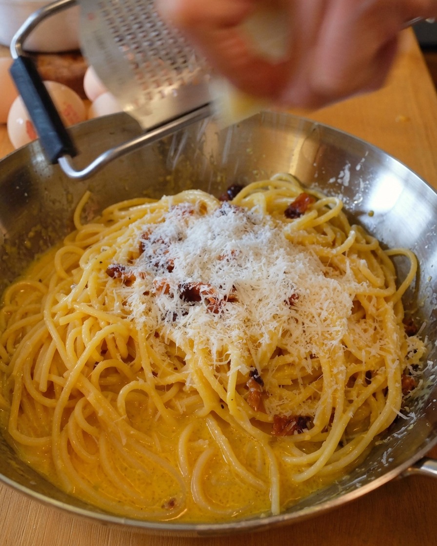 Ścieranie świeżego sera Pecorino Romano nad patelnią z gotowym makaronem.