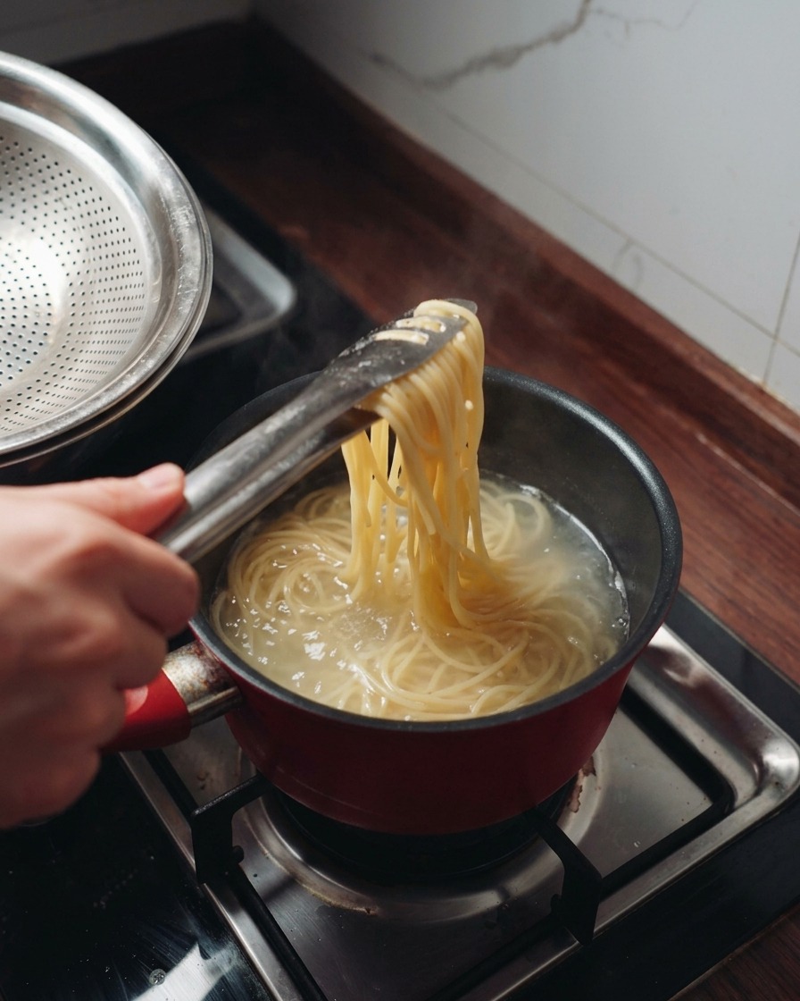 Metalowe szczypce wyjmujące parujący makaron spaghetti z garnka z wrzącą wodą.